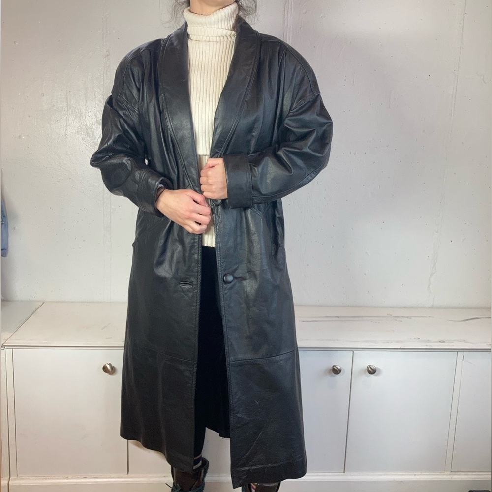 Vintage 80s Black 100% Genuine Leather Duster Trench Coat